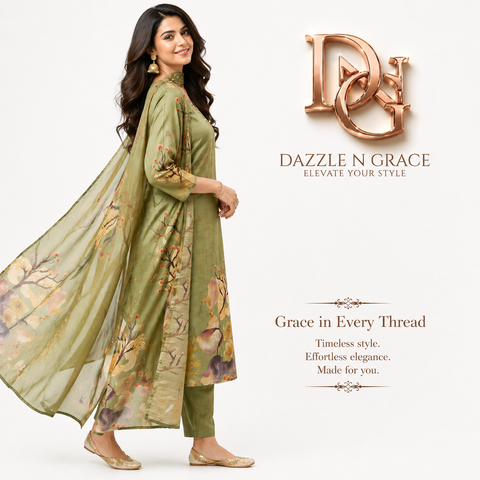 Sea Green Watercolor Floral Printed Kurti Set with Mirror Embroidered Neckline, Pants & Dupatta | Festive Ethnic Wear