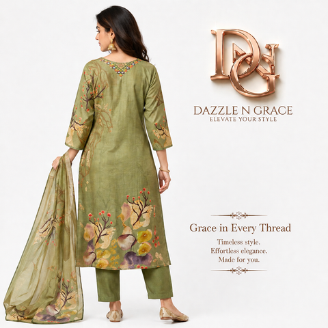 Sea Green Watercolor Floral Printed Kurti Set with Mirror Embroidered Neckline, Pants & Dupatta | Festive Ethnic Wear