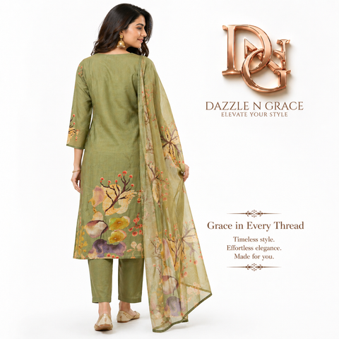 Sea Green Watercolor Floral Printed Kurti Set with Mirror Embroidered Neckline, Pants & Dupatta | Festive Ethnic Wear