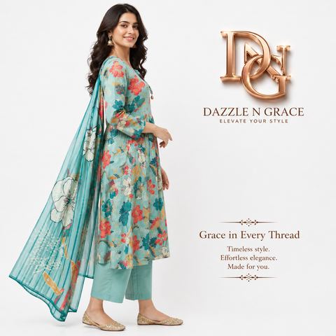 Teal Floral Printed Cotton Kurti Set with Straight Pants & Dupatta | Casual Festive Ethnic Wear