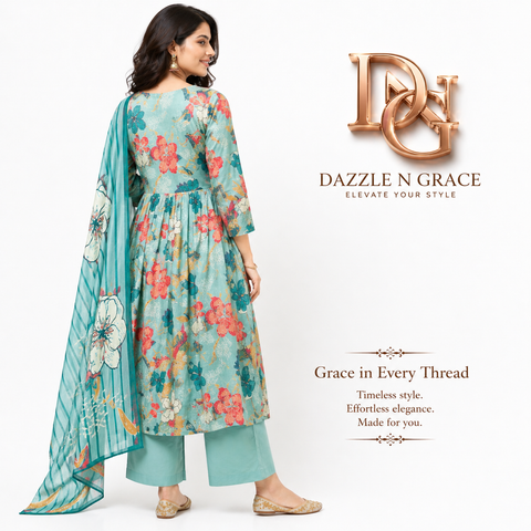 Teal Floral Printed Cotton Kurti Set with Straight Pants & Dupatta | Casual Festive Ethnic Wear