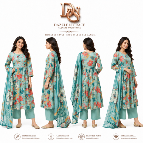 Teal Floral Printed Cotton Kurti Set with Straight Pants & Dupatta | Casual Festive Ethnic Wear