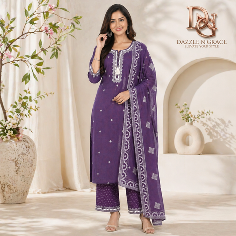 Aesha Purple Cotton Kurta Set with White Thread Embroidery & Pant | Festive Ethnic Wear