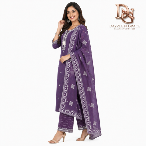 Aesha Purple Cotton Kurta Set with White Thread Embroidery & Pant | Festive Ethnic Wear