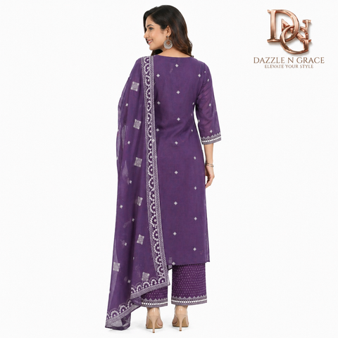 Aesha Purple Cotton Kurta Set with White Thread Embroidery & Pant | Festive Ethnic Wear