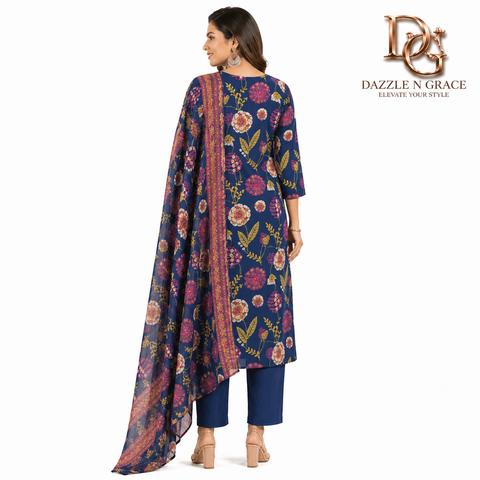 Midnight Blue Bold Floral Statement Salwar Suit with Dupatta | Festive Ethnic Wear for Women