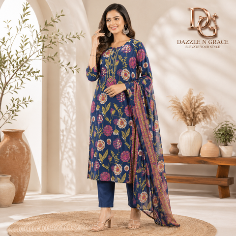 Midnight Blue Bold Floral Statement Salwar Suit with Dupatta | Festive Ethnic Wear for Women