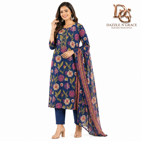 Midnight Blue Bold Floral Statement Salwar Suit with Dupatta | Festive Ethnic Wear for Women