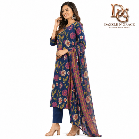 Midnight Blue Bold Floral Statement Salwar Suit with Dupatta | Festive Ethnic Wear for Women