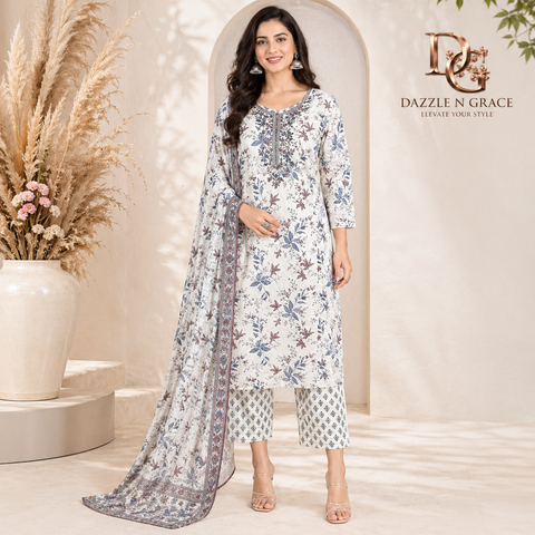 Ivory Blue Floral Embroidered Salwar Suit with Dupatta | Festive Ethnic Wear for Women