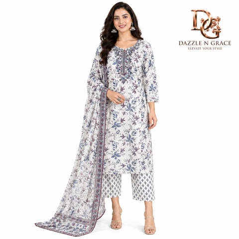 Ivory Blue Floral Embroidered Salwar Suit with Dupatta | Festive Ethnic Wear for Women