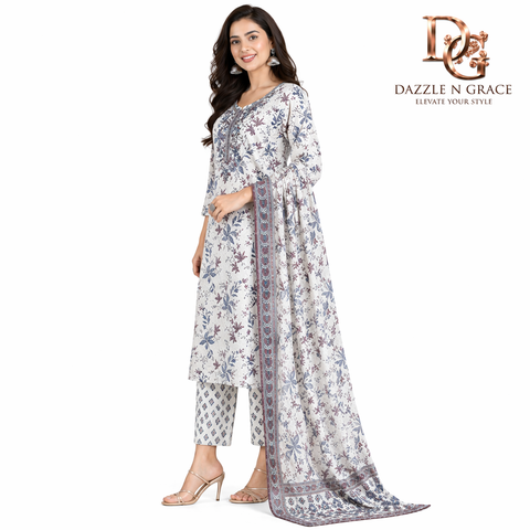 Ivory Blue Floral Embroidered Salwar Suit with Dupatta | Festive Ethnic Wear for Women