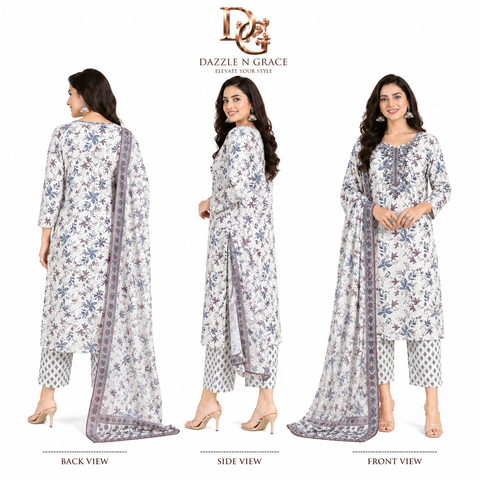 Ivory Blue Floral Embroidered Salwar Suit with Dupatta | Festive Ethnic Wear for Women