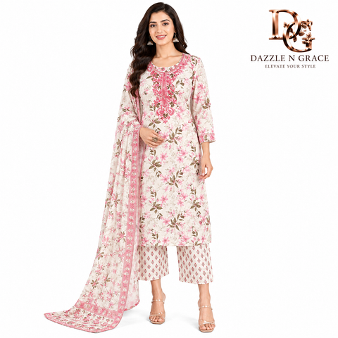 Ivory Floral Embroidered Salwar Suit with Dupatta | Elegant Festive Ethnic Wear for Women