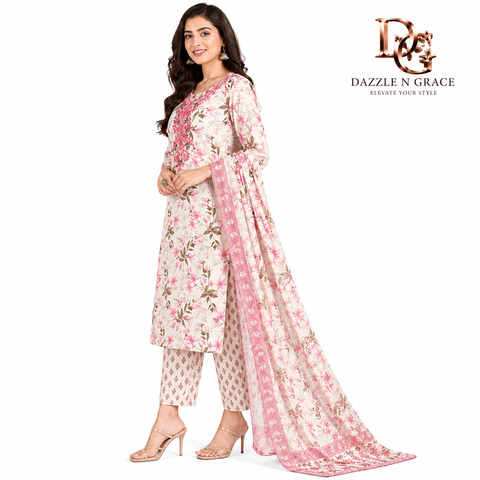 Ivory Floral Embroidered Salwar Suit with Dupatta | Elegant Festive Ethnic Wear for Women
