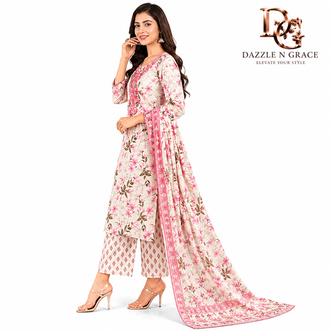 Ivory Floral Embroidered Salwar Suit with Dupatta | Elegant Festive Ethnic Wear for Women