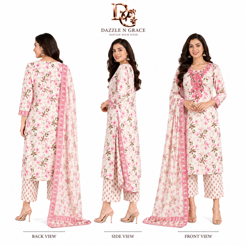 Ivory Floral Embroidered Salwar Suit with Dupatta | Elegant Festive Ethnic Wear for Women