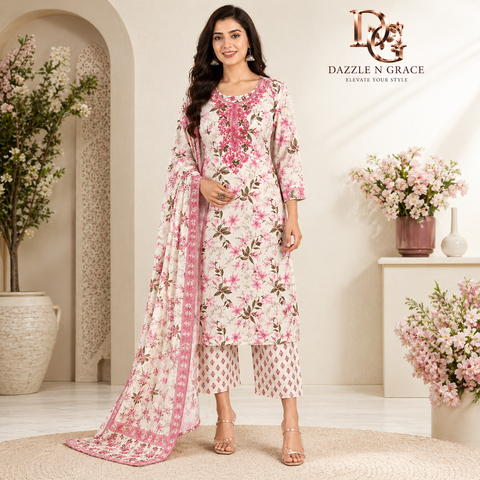 Ivory Floral Embroidered Salwar Suit with Dupatta | Elegant Festive Ethnic Wear for Women