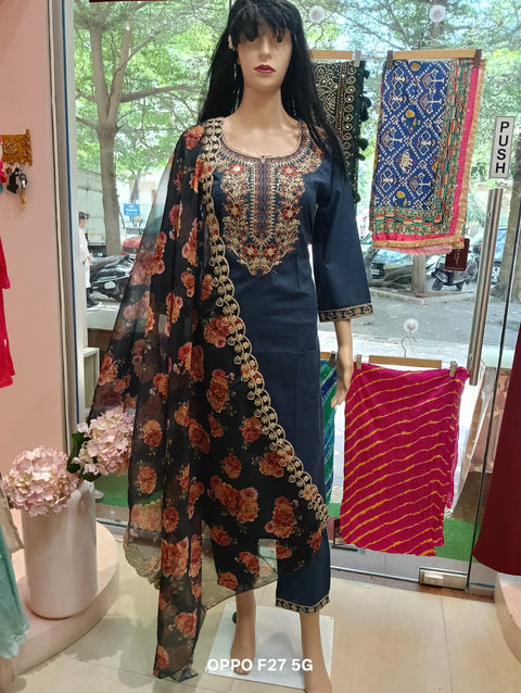 Navy Blue Zari Embroidered Kurta with Floral Sheer Dupatta | Festive Ethnic 2-Piece Set