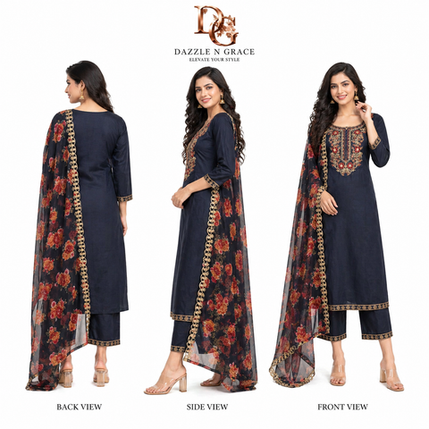 Navy Blue Zari Embroidered Kurta with Floral Sheer Dupatta | Festive Ethnic 2-Piece Set