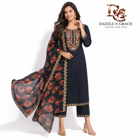 Navy Blue Zari Embroidered Kurta with Floral Sheer Dupatta | Festive Ethnic 2-Piece Set