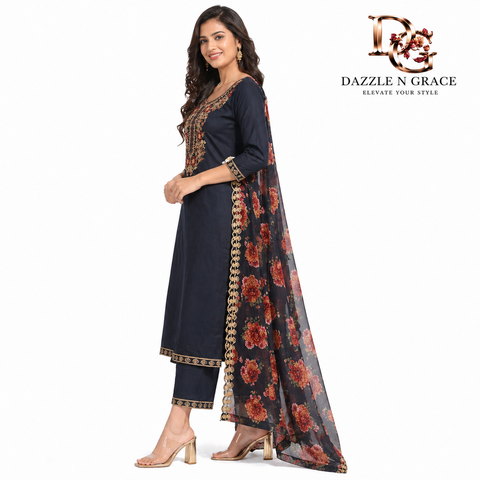 Navy Blue Zari Embroidered Kurta with Floral Sheer Dupatta | Festive Ethnic 2-Piece Set