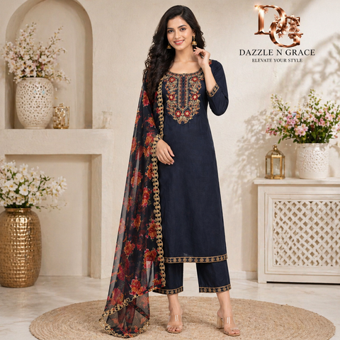 Navy Blue Zari Embroidered Kurta with Floral Sheer Dupatta | Festive Ethnic 2-Piece Set