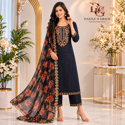Navy Blue Zari Embroidered Kurta with Floral Sheer Dupatta | Festive Ethnic 2-Piece Set
