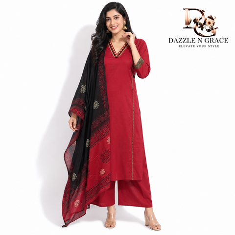 Crimson Heritage Cotton Salwar Suit with Ethnic Detailing & Dupatta | Comfortable Daily Ethnic Wear