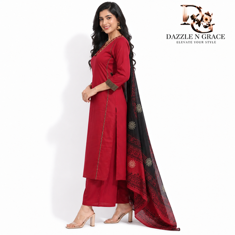 Crimson Heritage Cotton Salwar Suit with Ethnic Detailing & Dupatta | Comfortable Daily Ethnic Wear
