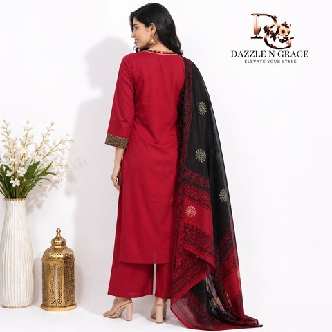 Crimson Heritage Cotton Salwar Suit with Ethnic Detailing & Dupatta | Comfortable Daily Ethnic Wear