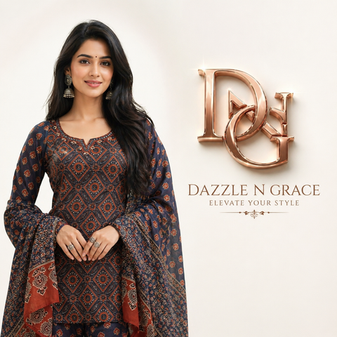 Blue & Rust Geometric Print Salwar Suit with Dupatta | Elegant Ethnic Wear for Women