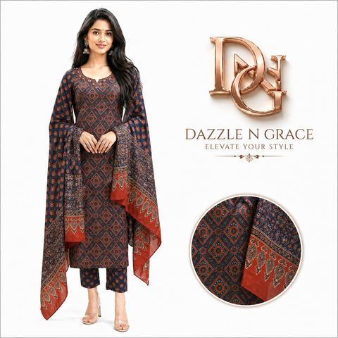 Blue & Rust Geometric Print Salwar Suit with Dupatta | Elegant Ethnic Wear for Women