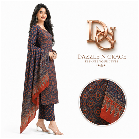 Blue & Rust Geometric Print Salwar Suit with Dupatta | Elegant Ethnic Wear for Women