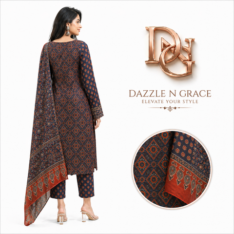 Blue & Rust Geometric Print Salwar Suit with Dupatta | Elegant Ethnic Wear for Women