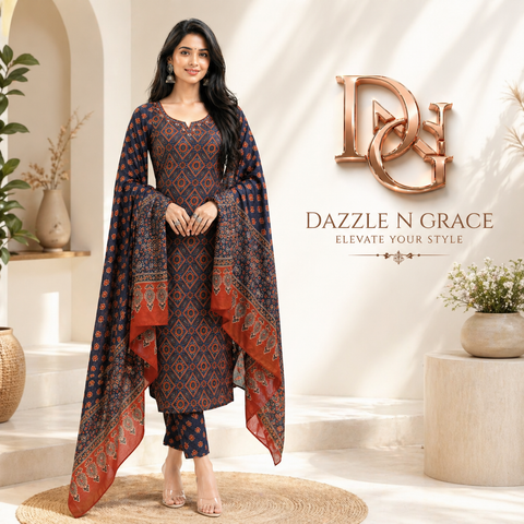 Blue & Rust Geometric Print Salwar Suit with Dupatta | Elegant Ethnic Wear for Women