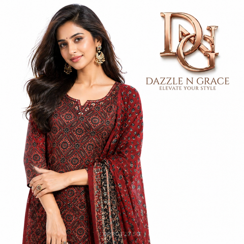Maroon Heritage Block Print Salwar Suit Set with Dupatta | Festive Ethnic Wear for Women