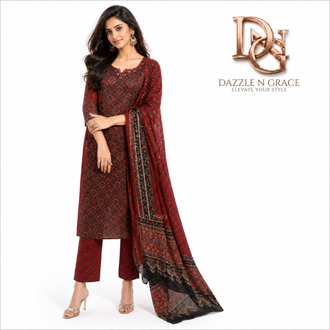 Maroon Heritage Block Print Salwar Suit Set with Dupatta | Festive Ethnic Wear for Women