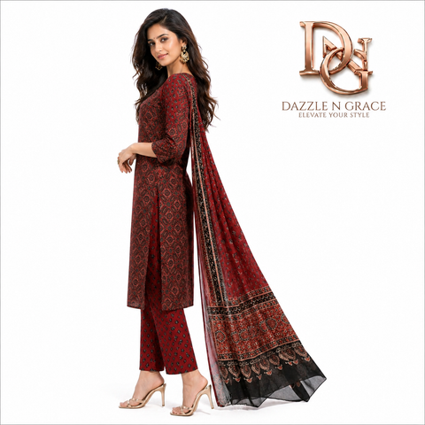 Maroon Heritage Block Print Salwar Suit Set with Dupatta | Festive Ethnic Wear for Women
