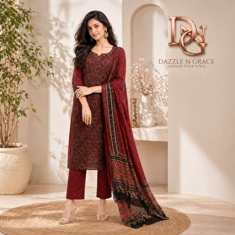 Maroon Heritage Block Print Salwar Suit Set with Dupatta | Festive Ethnic Wear for Women