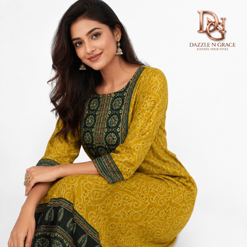 Printed Aari Work Straight Kurti Mustard Yellow & Navy