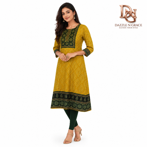 Printed Aari Work Straight Kurti Mustard Yellow & Navy
