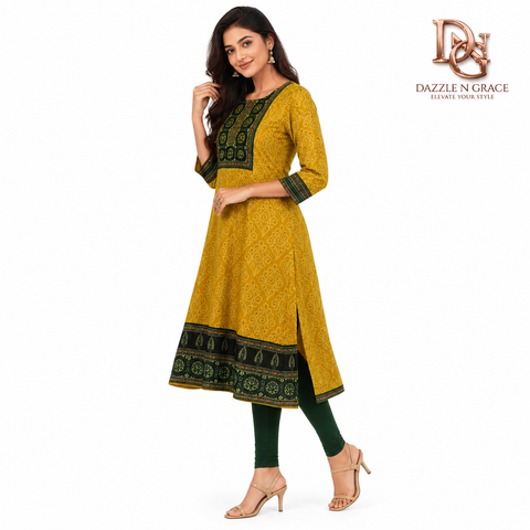 Printed Aari Work Straight Kurti Mustard Yellow & Navy