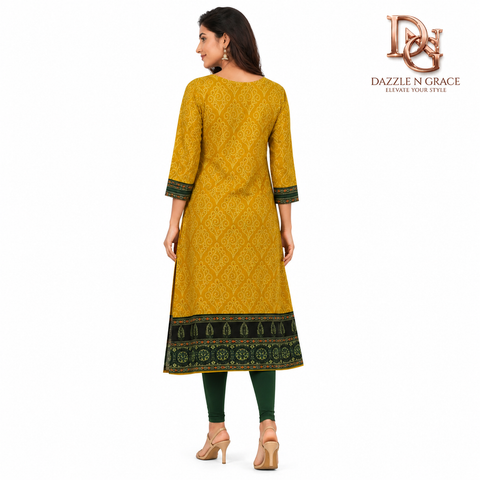Printed Aari Work Straight Kurti Mustard Yellow & Navy