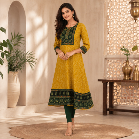 Printed Aari Work Straight Kurti Mustard Yellow & Navy