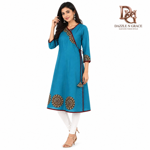 Sky Blue Cotton Angrakha Kurti with Mirror Work Print & Tassels