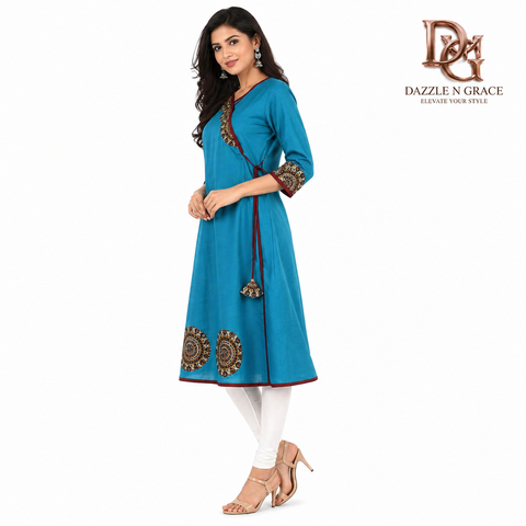 Sky Blue Cotton Angrakha Kurti with Mirror Work Print & Tassels