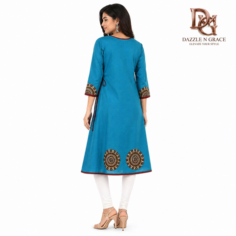 Sky Blue Cotton Angrakha Kurti with Mirror Work Print & Tassels