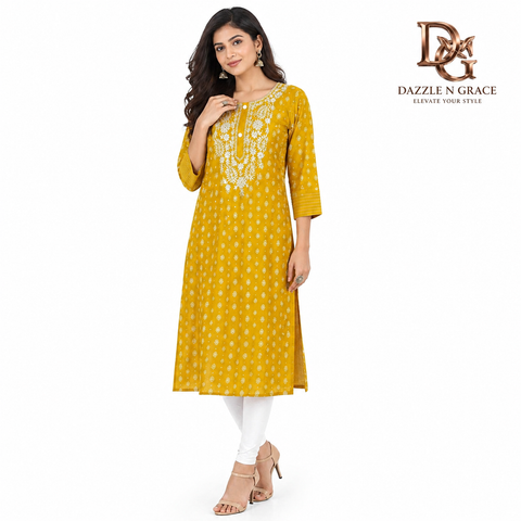 Mustard Yellow Chikankari Cotton Kurti
