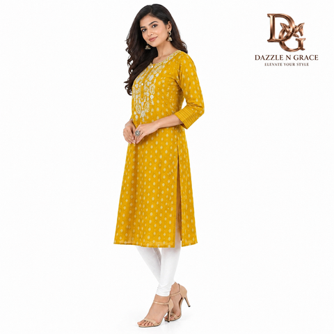 Mustard Yellow Chikankari Cotton Kurti